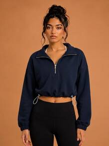 Never me Women's Sporty American Style Half-Zip Stand Collar Cropped Pullover Sweatshirt With Cinched Waist And Exposed Midriff Long Sleeve Cover-Up - Navy Blue - View 1
