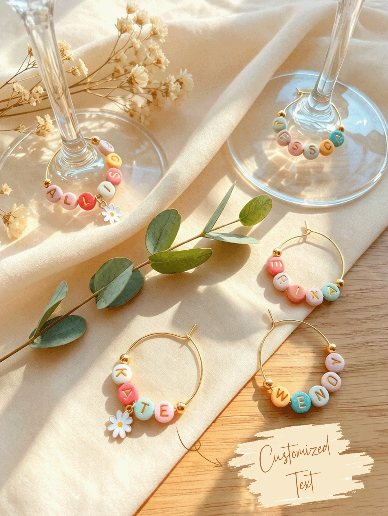 Customized Macaron Color Letter Bead Daisy Pendant, Personalized Name Gold Round Wine Glass Charm, Handmade Colorful Custom Text Cup Identifier Gift - Champagne Glass Name Tags - View 1