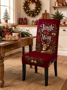 1pc Christmas Dining Chair Cover Jingle All The Way Deer Printed Stretch Chair Slipcover, Removable Washable Chair Protector For Dining Room Holiday Party Home Decor - Multicolor - View 2