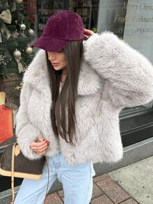 GDDYIN Jaket Bulu Imitasi Elegan untuk Wanita, Kerah Tegak, Lengan Panjang, Panjang Reguler, Cocok untuk Musim Dingin - Grey - View 8