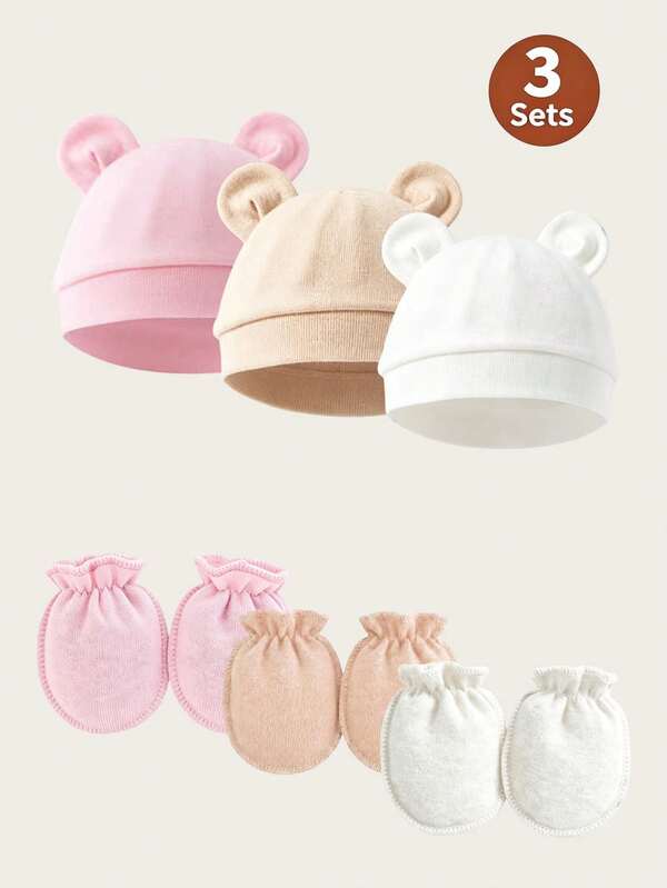 3Sets Pink Newborn Hospital Hat,Baby Hat&Anti-Scratch Mittens Set,Suitable For 0-3 Months Baby Girl,Essential Infant Knit Cap&Gloves,Casual Daily Wear