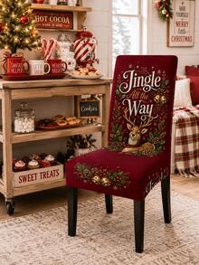 1pc Christmas Dining Chair Cover Jingle All The Way Deer Printed Stretch Chair Slipcover, Removable Washable Chair Protector For Dining Room Holiday Party Home Decor - Multicolor - View 5