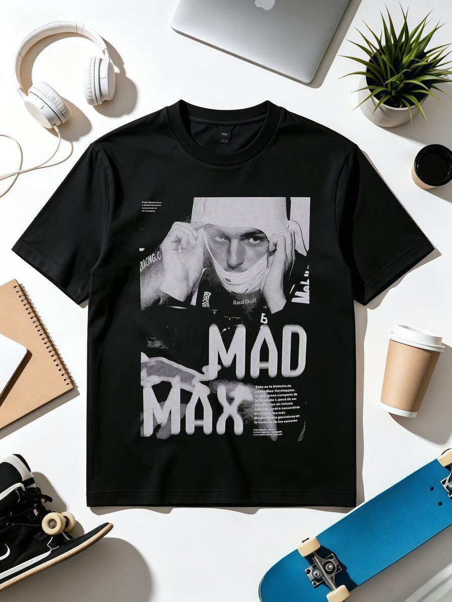 Max Mad Black And White Grunge Distorted Text Vintage Aesthetic Graphic T-Shirt. - Black - View 1