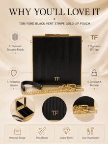 Tom Ford TF Black Vertical Stripe Gold-Trimmed Lipstick Pouch, 10.5*10.5cm, With Wrist Strap And Built-In Storage Slot, Perfect For Carrying Lipstick Or As A Delicate Gift - Black - View 5