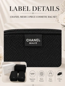 Chanel Mesh 3-Piece Makeup Bag Set, Small 22x16cm, Large 22x36cm, Breathable Mesh Fabric With Smooth Zipper, Perfect For Personal Use Or Gifting - Black - View 8