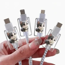 4pcs Soft Cute Gray White Milk Cat Transparent Data Cable Protector, High Transparency Anti-Fall Anti-Scratch Non-Obstructive, Hard Shell Long-Lasting Non-Yellowing Stain-Resistant, Printed Cartoon Milk Cat Protector, Compatible With Apple 18W/20W PD Fast Charging, Healing Soft Cute Digital Gift For Best Friend - 4pcs Big-eyed Grey Cat - View 12