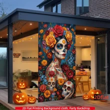 1 pieza Tela de fondo estilo pintura al óleo del Día de Muertos mexicano, tela colgante con decoración floral de mujer calavera de azúcar, cortina vertical para puerta de fiesta del Día de Muertos, decoraciones de Halloween de no muertos - A - Ver 6