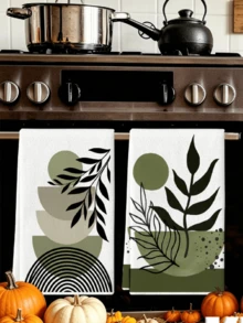 2pcs Medieval Modern Bohemian Abstract Leaf Print Kitchen Towels, Sage Green Neutral Geometric Pattern Absorbent Decorative Napkins Hand Towels, Minimalist Kitchen Home Gift - Dark Green - View 2