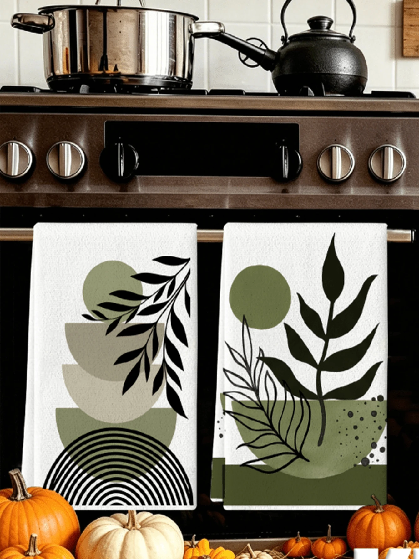 2pcs Medieval Modern Bohemian Abstract Leaf Print Kitchen Towels, Sage Green Neutral Geometric Pattern Absorbent Decorative Napkins Hand Towels, Minimalist Kitchen Home Gift