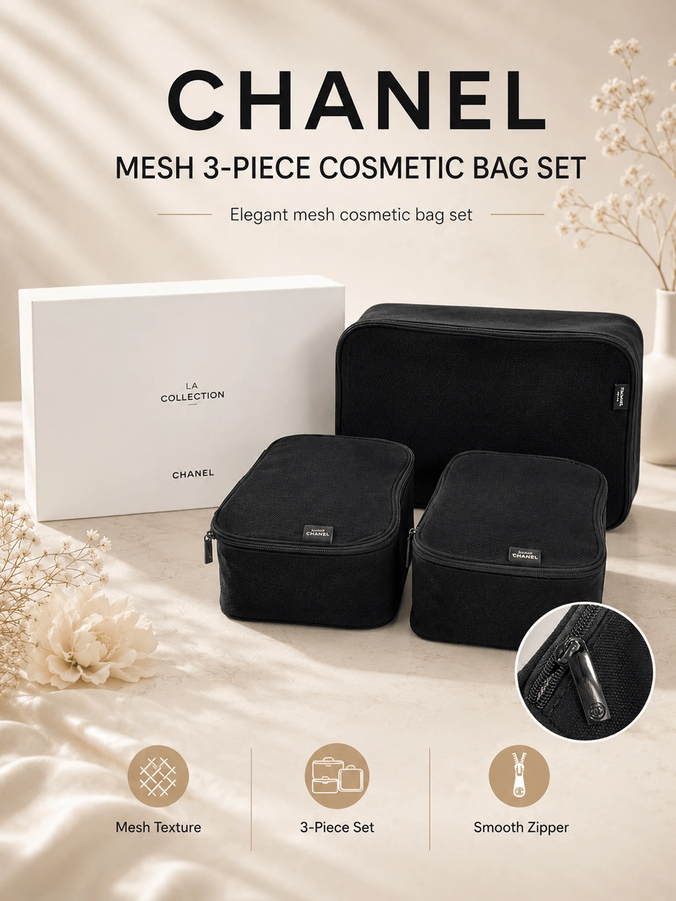 Chanel Mesh 3-Piece Makeup Bag Set, Small 22x16cm, Large 22x36cm, Breathable Mesh Fabric With Smooth Zipper, Perfect For Personal Use Or Gifting
