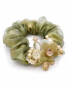 1pc Sage Green Organza Flower Scrunchie With Faux Pearl & Faceted Bead Decor, Elegant Hair Tie For Bun, Updo, Wedding & Party - Multicolor - View 7