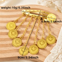 1pc Arabic Style Gold Coin Tassel Collar Clip Bangs Straight Hair Clip Dance Hair Accessory Side Clip - Gold - View 7
