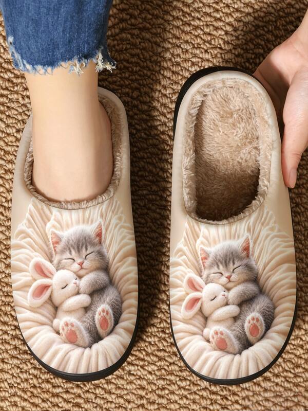 1 Pair Winter Warm Anti-Slip Slippers, Cute Cat Hugging Rabbit Healing Print, Adult Unisex, Comfortable Lightweight Slip-On Indoor Warm Slippers, Women's Shoes
