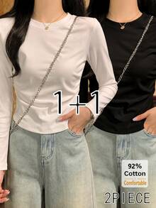 2pcs/Set Autumn New Short Long Sleeve T-Shirt Women's Drawstring Side Design Slimming Stylish Top Casual - White + Black - View 1