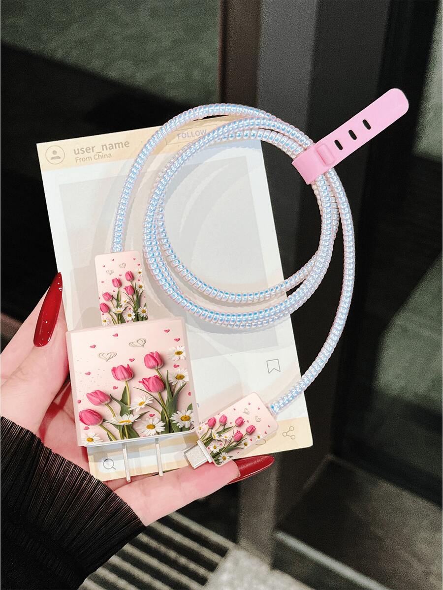 Casing Pelindung Charger Motif Bunga Tulip Manis + Pelindung Kabel Data 1.4M, Kompatibel dengan Charger Apple 20W, Casing Pelindung Charger Apple Minimalis, Kompatibel dengan Pelindung Kabel Pengisian Daya Ponsel 15/16 Pro Max 20W, Anti Gores, Anti Gigit, Cocok untuk 13/14 Plus/17/16PROMAX, - Berwarna merah muda - View 1