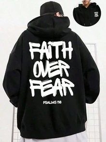Faith Over Fear, Letter Print Pocket Hoodie, Men's Casual Long-Sleeve Drawstring Style, Autumn & Winter New-Unisex Loose-Fit Hooded Sweatshirt-K88 - 黑色 - 查看 15
