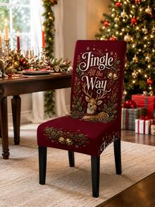 1pc Christmas Dining Chair Cover Jingle All The Way Deer Printed Stretch Chair Slipcover, Removable Washable Chair Protector For Dining Room Holiday Party Home Decor - Multicolor - View 1