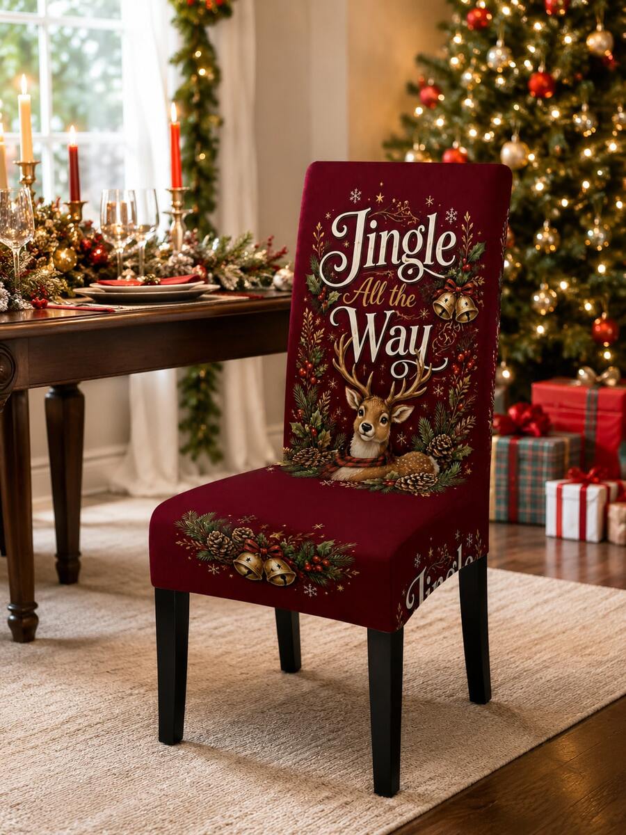 1pc Christmas Dining Chair Cover Jingle All The Way Deer Printed Stretch Chair Slipcover, Removable Washable Chair Protector For Dining Room Holiday Party Home Decor - Multicolor - View 1