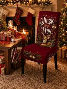 1pc Christmas Dining Chair Cover Jingle All The Way Deer Printed Stretch Chair Slipcover, Removable Washable Chair Protector For Dining Room Holiday Party Home Decor - Multicolor - View 4