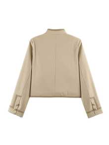 Women's Beige Fitted New Chinese Style Stand Collar Frog Button Pocket Jacket, Spring/Autumn Outerwear - Beige - View 11