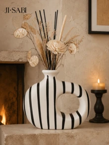 1pc Wabi-Sabi Style Abstract Hollow Ring Reed Diffuser Vase, Black Vertical Stripe White Base, Modern Minimalist Dried Flower Fragrance Bottle, Living Room Entryway Desktop Aesthetic Decor Gift - Black and White Striped Aromatherapy Bottle - View 1
