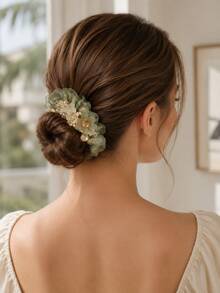 1pc Sage Green Organza Flower Scrunchie With Faux Pearl & Faceted Bead Decor, Elegant Hair Tie For Bun, Updo, Wedding & Party - Multicolor - View 1
