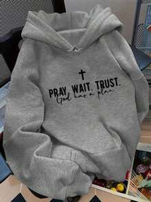 Letter Retro Retro English Back To School Season PRAY WAIT TRUST GOD HAS A PLAN Back To School Women Outfits Women's Casual Hoodies-Autumn/Winter New - 灰色 - 查看 14