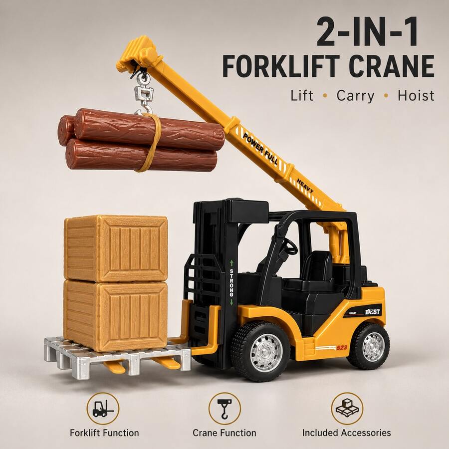 Set Mainan Kendaraan Konstruksi 2-in-1, Truk Derek Forklift Realistis dengan Lengan Berputar, Garpu yang Dapat Diangkat, Tumpukan Kayu Gelondong & Aksesoris Kargo, Hadiah Mainan Teknik untuk Anak-anak - Set Mainan Forklift Kargo - View 1