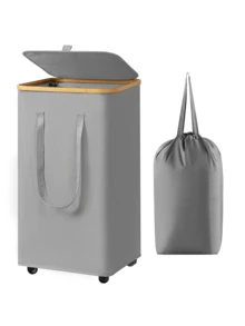 Bamboo Laundry Basket With Lid And Wheels, Includes Detachable Inner Laundry Bag, Slim Design With Lid, Freestanding Rectangular Corner Storage Basket, Multi-Functional Home Storage Basket, Storage Box With Lid - Side Handles, Foldable Design, Bamboo Reinforced, Suitable For Bedroom, Bathroom, Laundry Room, Dormitory, Etc. - Multicolor - View 13