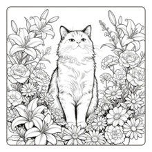 Libro para colorear de gatos en el jardín, audaz y fácil: lindo gato naranja esponjoso rodeado de rosas, flores silvestres y mariposas, ilustraciones de gatitos florales con contornos gruesos y simples para adultos y principiantes, alivio del estrés - DJ-029 Jardín de gatos - Ver 6