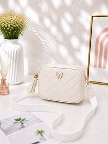 Quilted Square Crossbody Bag, Butterfly Metal Decor Zipper Wallet, Faux Leather Shoulder Bag - White - View 2