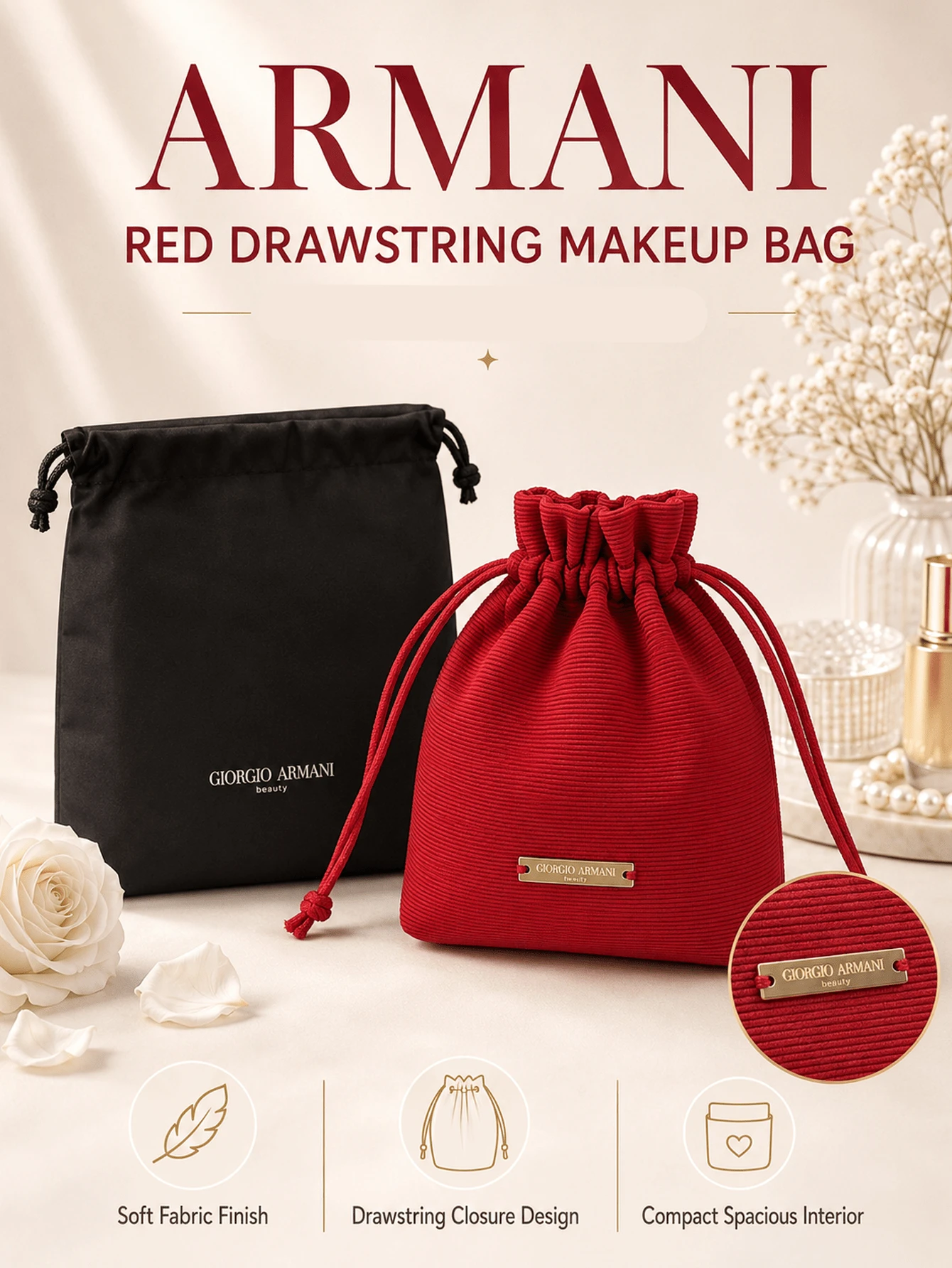 Giorgio Armani Armani Red Drawstring Makeup Bag, Fabric Material, Metal Nameplate, Drawstring Closure Design, Storage For Makeup And Jewelry, Portable Storage, Suitable For Gifting And Personal Use