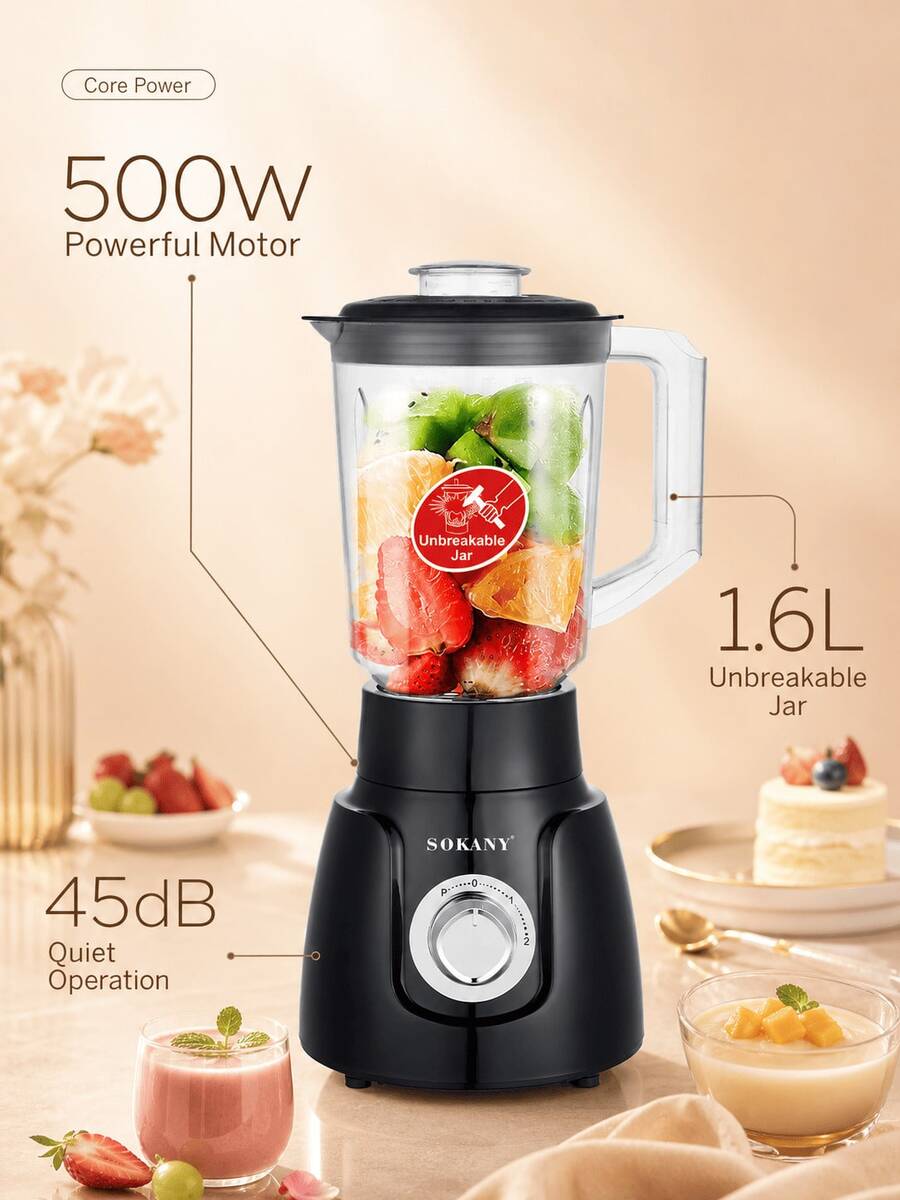 SOKANY 500W 2-In-1 Blender And Grinder, 1.6L Capacity Cup, Ice Crushing, 4 Stainless Steel Blades, 2-Speed And Pulse Control, With Coffee Bean And Spice Grinding Cup, Suitable For Milkshakes And Home Kitchen - Black - View 1