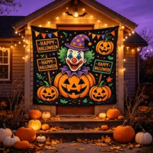 1PC A Halloween Tapestry Featuring A Spooky Clown In A Retro Cartoon Style, Incorporating A "Happy Halloween" Sign And Autumn Leaf Elements; Made From Wrinkle-Resistant Fabric, It Is Suitable For Indoor Holiday Wall Decoration. - Multicolor - View 1