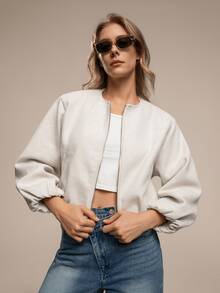 HZXVIC Women's Solid Color Ribbed Zipper Pocket Casual Soft Bomber Jacket, Autumn - بيج - مشاهدة 1