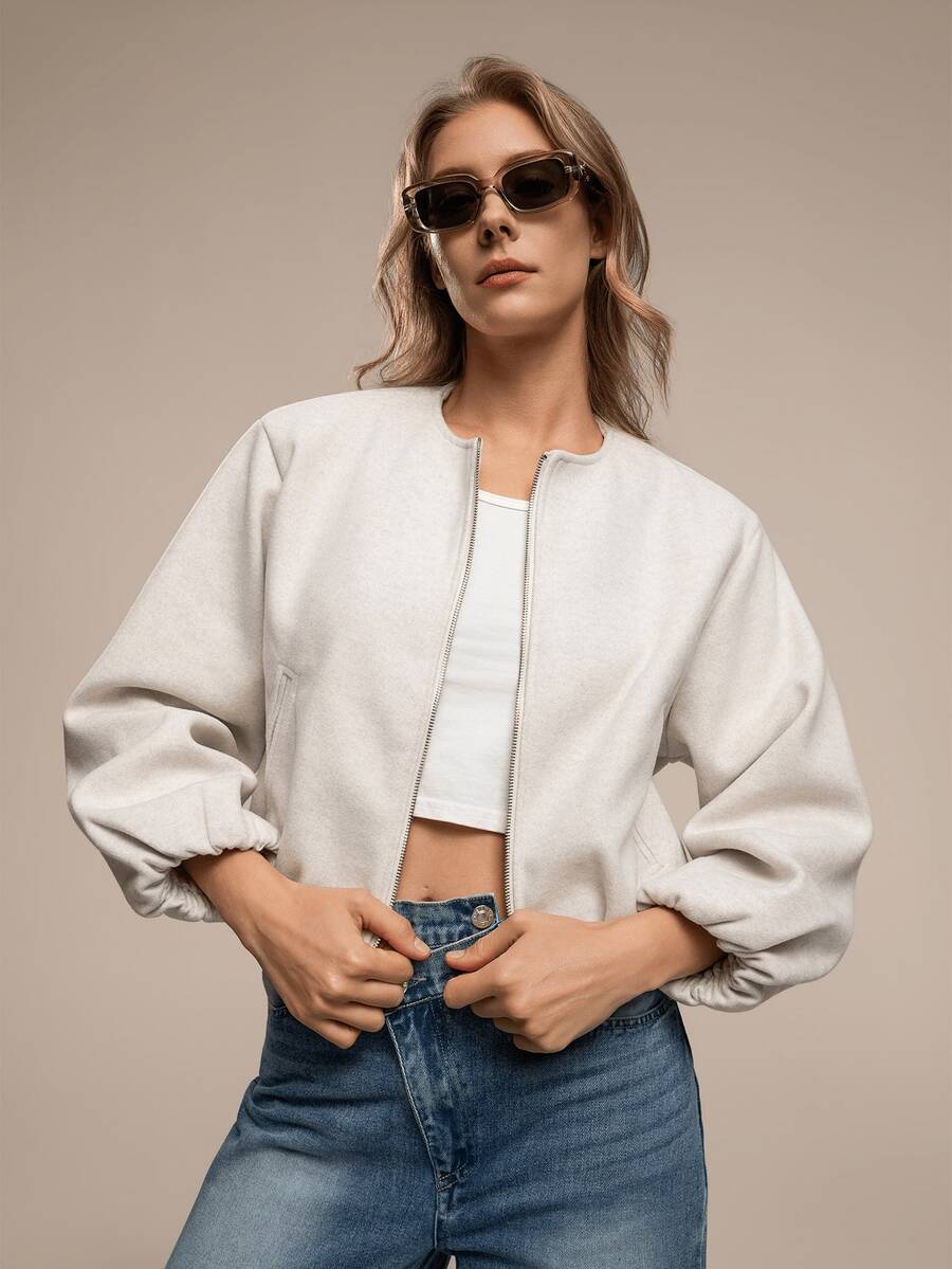HZXVIC Women's Solid Color Ribbed Zipper Pocket Casual Soft Bomber Jacket, Autumn - بيج - مشاهدة 1