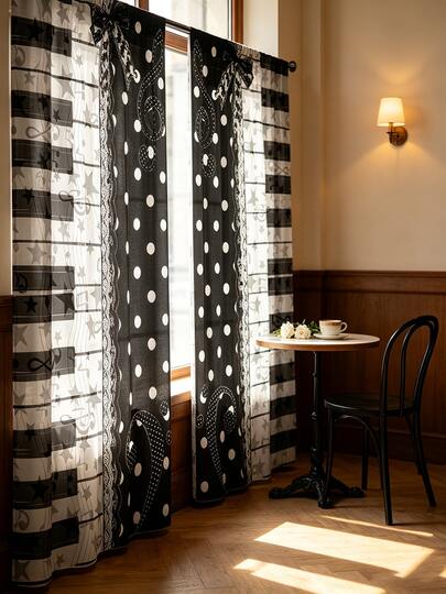 2PCS Digital Print Curtains Black White Polka Dot Stripe Star Lace Print Modern Bedroom Window Drapes