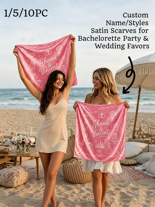 1/5/10pcs Custom Satin Scarves, Illustrated Wedding Bandanas, Bachelorette Party&Wedding Favors, Head Wrap&Travel Scarf. Wedding Party Gift