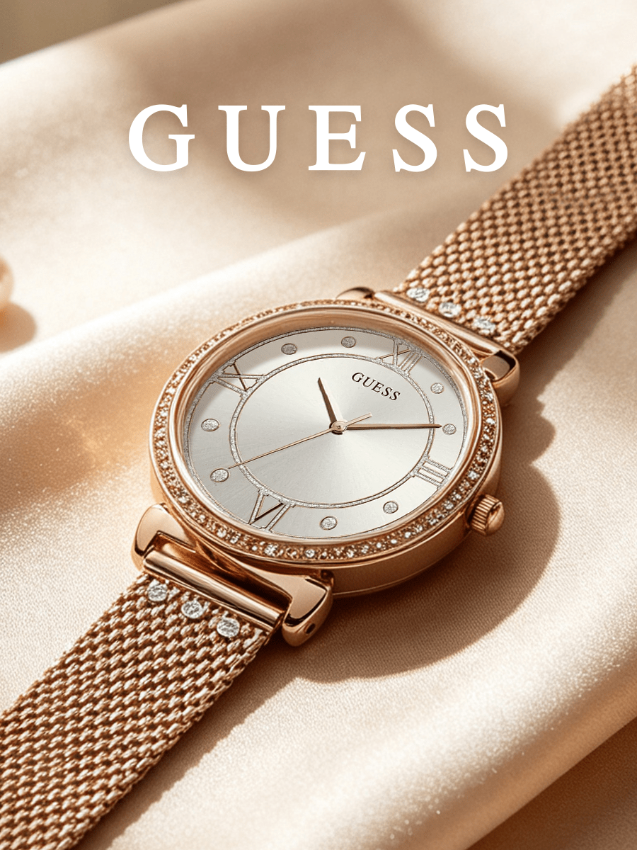 Guess ساعة يد نسائية بحزام شبكي مرصع بالراين ستون، إطار كريستالي دائري، قرص بأرقام رومانية، ساعة أنالوج أنيقة، هدية للأم والمكتب والزفاف والحفلات وليالي المواعيد