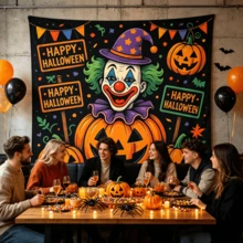 1PC A Halloween Tapestry Featuring A Spooky Clown In A Retro Cartoon Style, Incorporating A "Happy Halloween" Sign And Autumn Leaf Elements; Made From Wrinkle-Resistant Fabric, It Is Suitable For Indoor Holiday Wall Decoration. - Multicolor - View 3