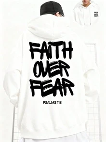 Faith Over Fear, Letter Print Pocket Hoodie, Men's Casual Long-Sleeve Drawstring Style, Autumn & Winter New-Unisex Loose-Fit Hooded Sweatshirt-K88 - 白色 - 查看 13