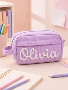 Customized Name Corduroy Pencil Case, Striped Large Capacity Handmade Pencil Box, Personalized Corduroy Storage Bag, Back To School Gift, Birthday And Special Occasion Gift For Him/Her - Multicolor - View 8