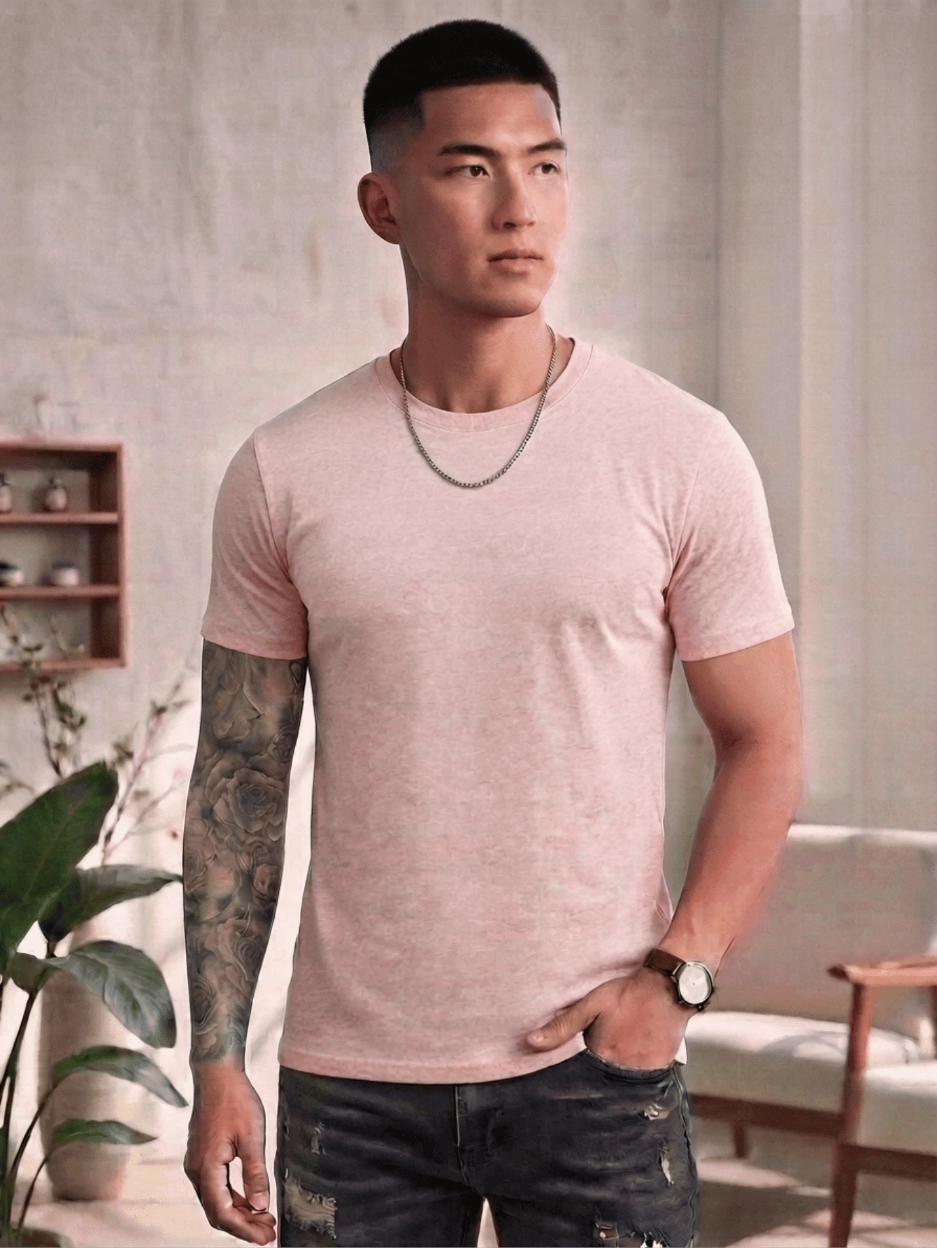Camiseta Marca Impala Manga Corta - Para Hombre Slim Fit- Tela Acanalada - Poliéster 50% - Algodón 50% - Varios Colores - Para Cualquier Ocasión - Rosa Pálido - Ver 1