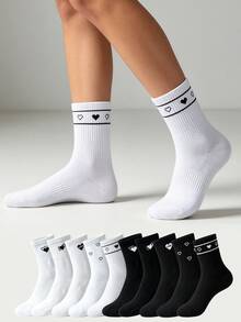 1/5/10 Paia di calzini da donna con motivo a cuore carino, a righe nere & bianche, casual sportivi comodi a metà polpaccio, stile preppy per uso quotidiano - Multicolore - Visualizzare 2