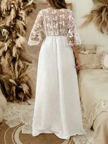 Maternity V-Neck 3/4 Sleeve Semi-Sheer Knit Dress, Home And Formal Occasions White - White - View 6