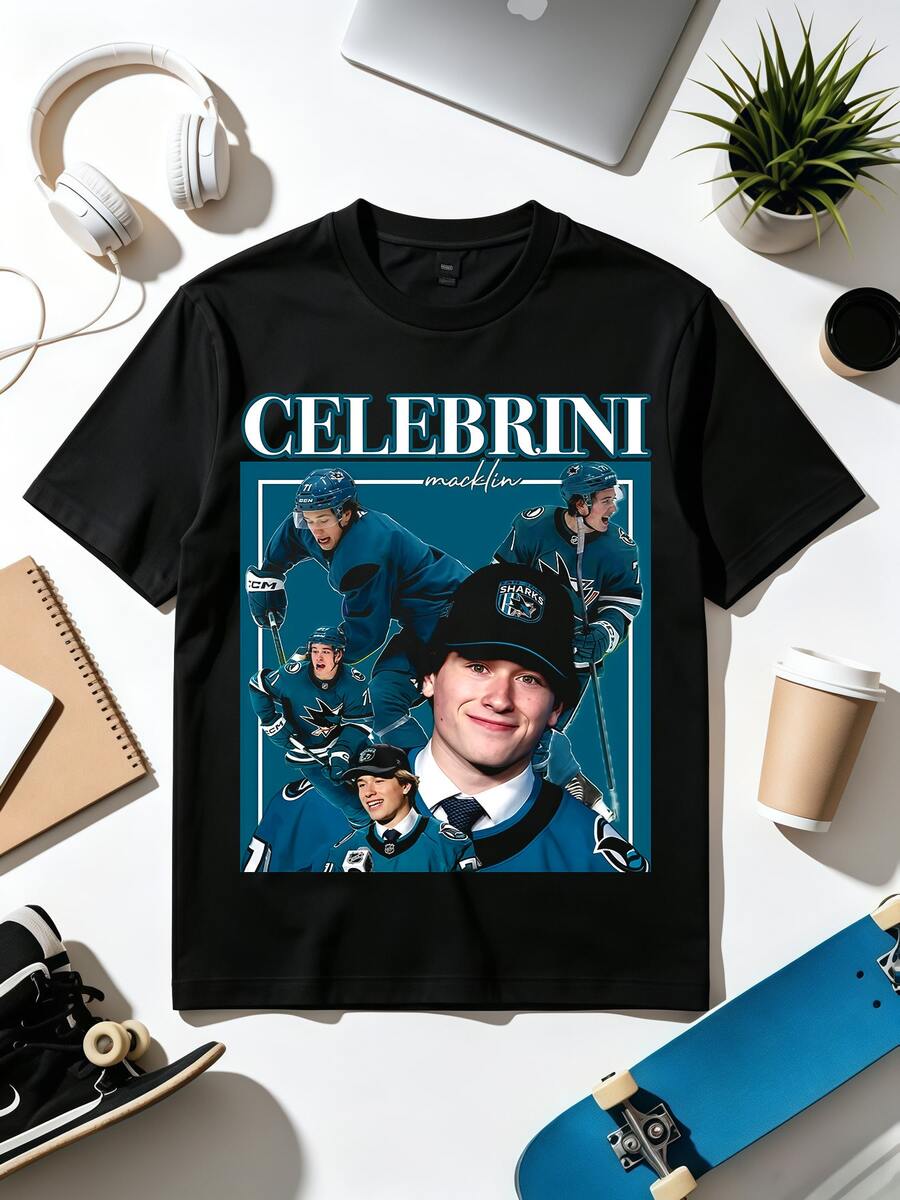 Macklin Celebrini San Jose Sharks Retro Hockey Fan T-Shirt. - 黑色 - 查看 1