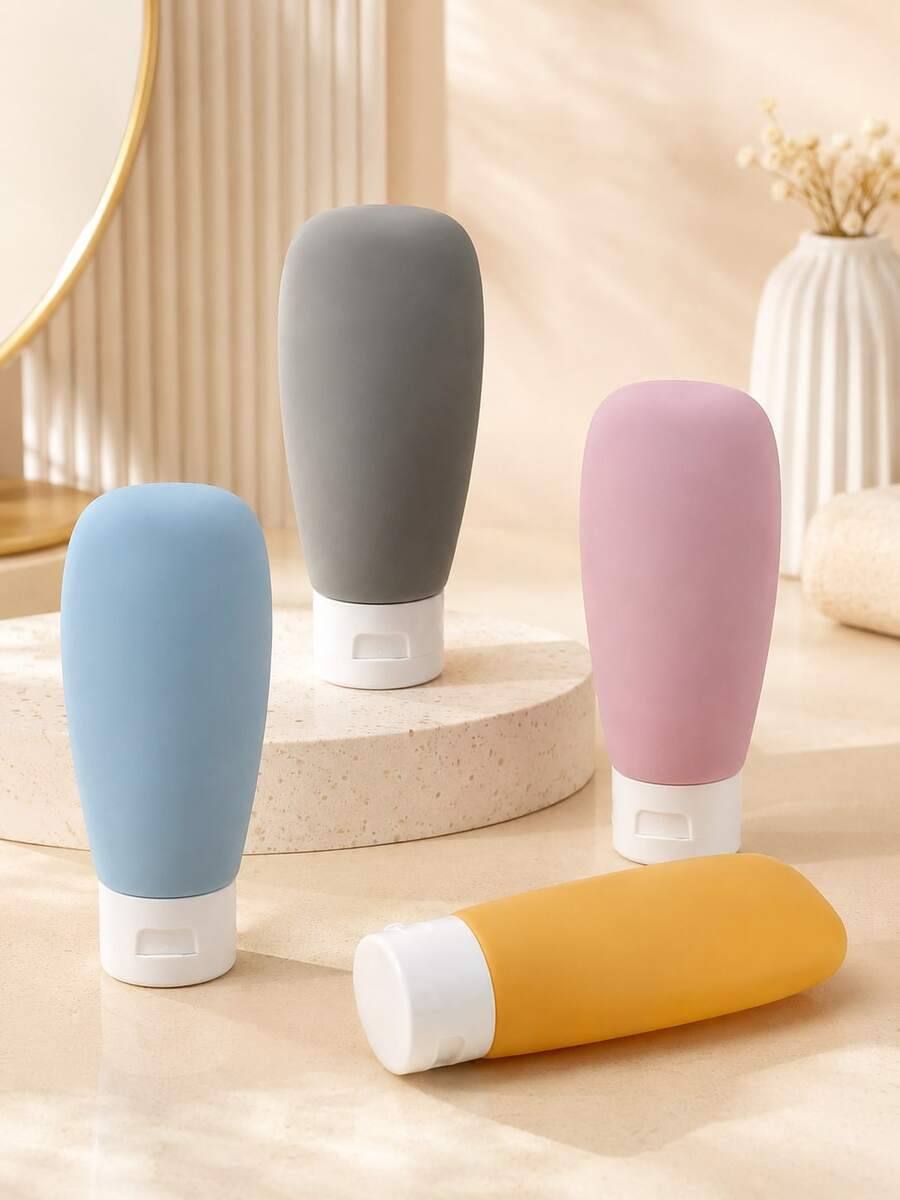 4pcs Silicone And Plastic Travel Refillable Bottles, 2.03oz, Leak-Proof, Odorless Cosmetic Containers, Suitable For Lotion, Shower Gel And Skincare Products, Portable Toiletries Dispenser Set