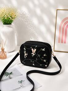 Classic Embroidered Crossbody Bag, Butterfly Metal Decor Zipper Wallet, Faux Leather Shoulder Bag For Girls - Black - View 4