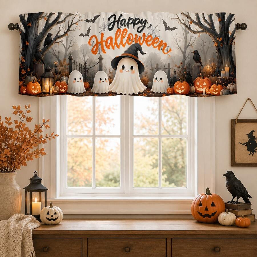 1pc Halloween Cute Ghost Theme Home Decor Curtain, Versatile Short Window Valance, Suitable For Kitchen, Living Room, Bedroom, Holiday Decoration Home Decor Curtain, Versatile Short Window Valance, Suitable For Kitchen, Living Room, Bedroom, Halloween Holiday Decoration - Multicolor - View 1
