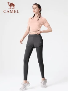 CAMEL CROWN 女款瑜伽 4 件套跑步運動服 高階長袖春季運動套裝 快乾透氣健身服 - 夕嵐粉/永恆灰 - 查看 2
